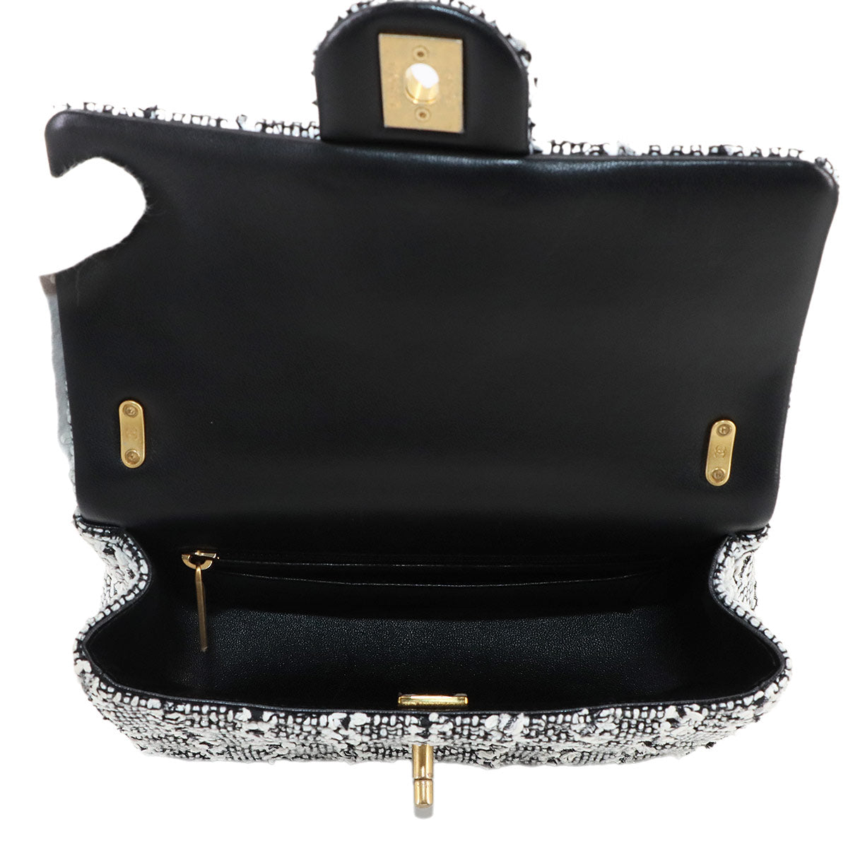 2way Chain Hand Shoulder Bag Tweed Leather White Black AS4384