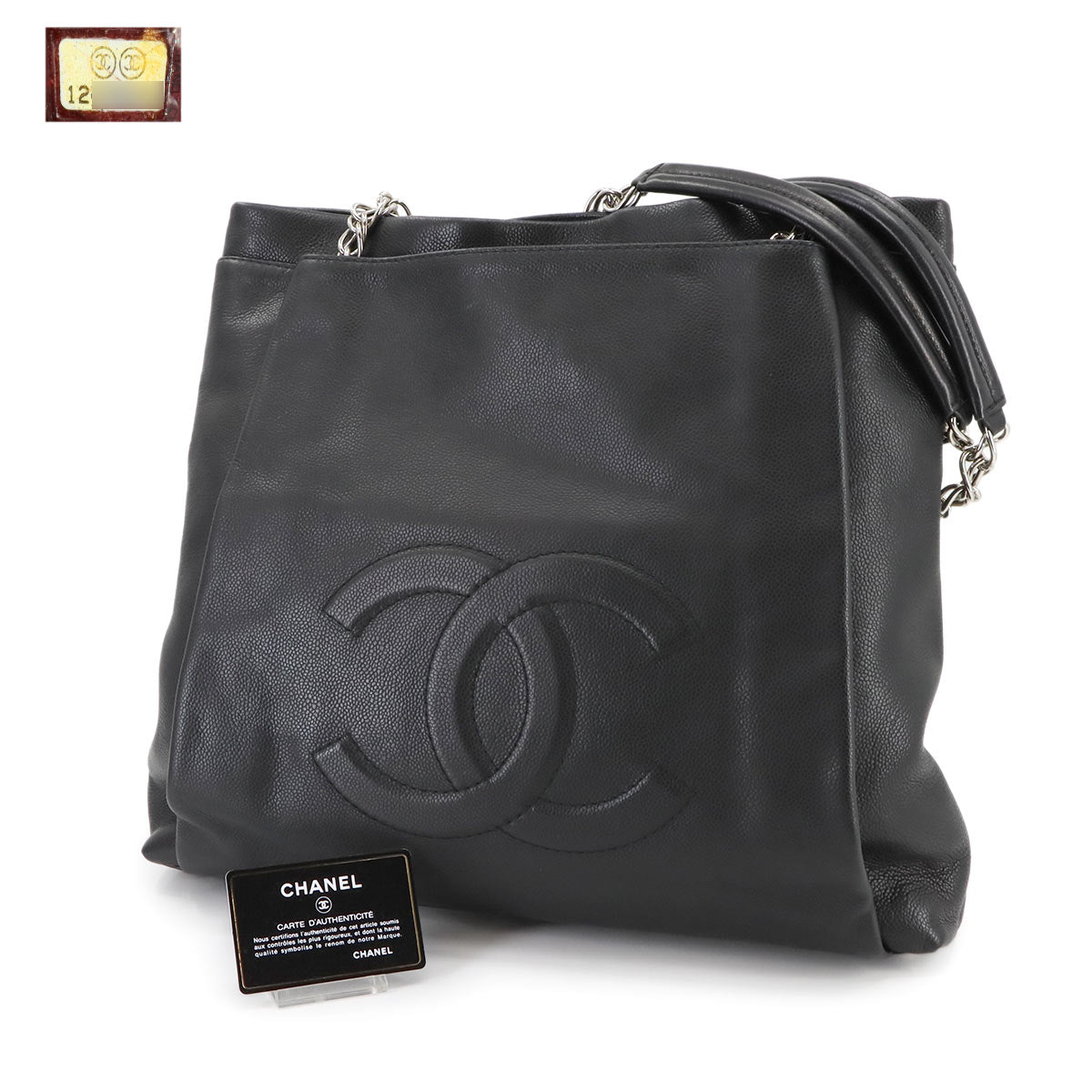 Chain Tote Bag Leather Black Coco Logos