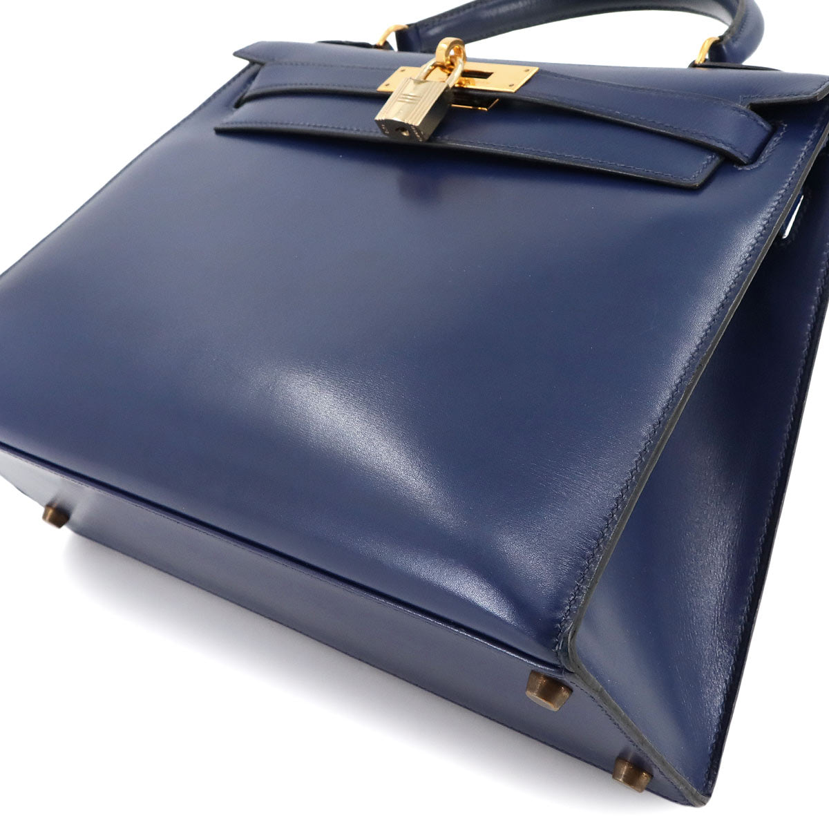 Kelly 28 Box Calf Leather Blue Hand Shoulder Bag Vintage