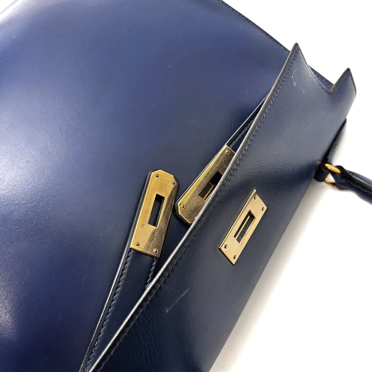 Kelly 28 Box Calf Leather Blue Hand Shoulder Bag Vintage