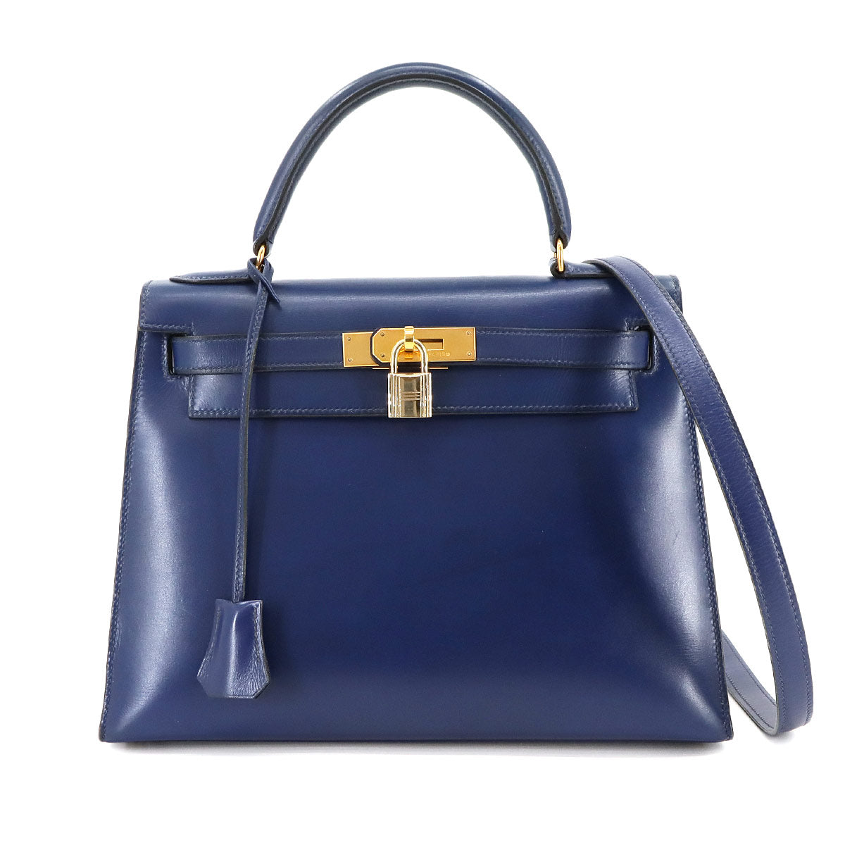 Kelly 28 Box Calf Leather Blue Hand Shoulder Bag Vintage