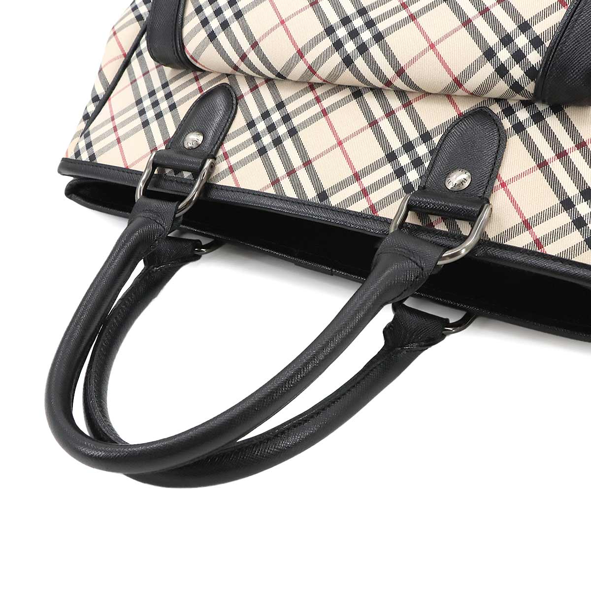 Plaid Hand Bag Canvas Leather Beige Black Purse