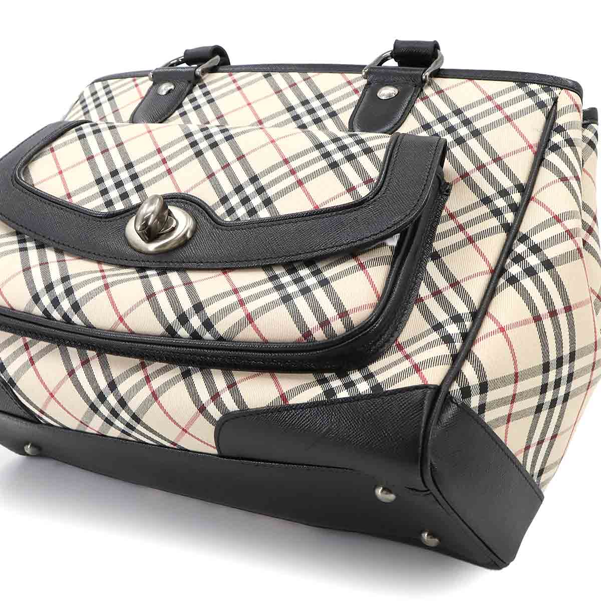 Plaid Hand Bag Canvas Leather Beige Black Purse