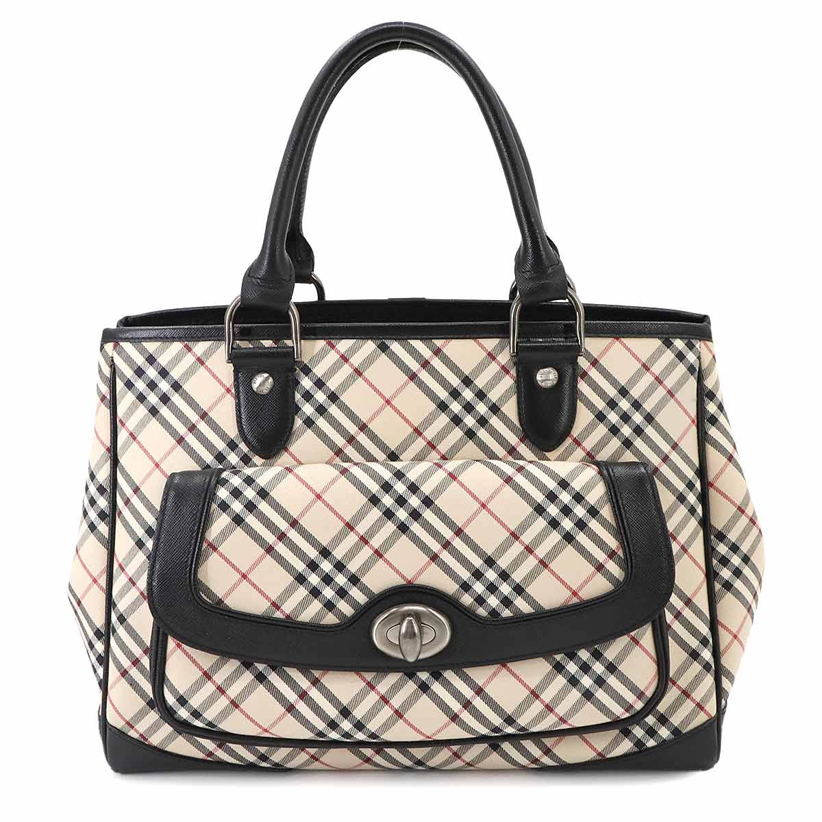 Plaid Hand Bag Canvas Leather Beige Black Purse