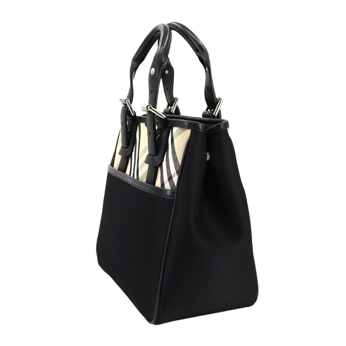 Plaid Hand Bag Canvas Leather Black Beige Purse