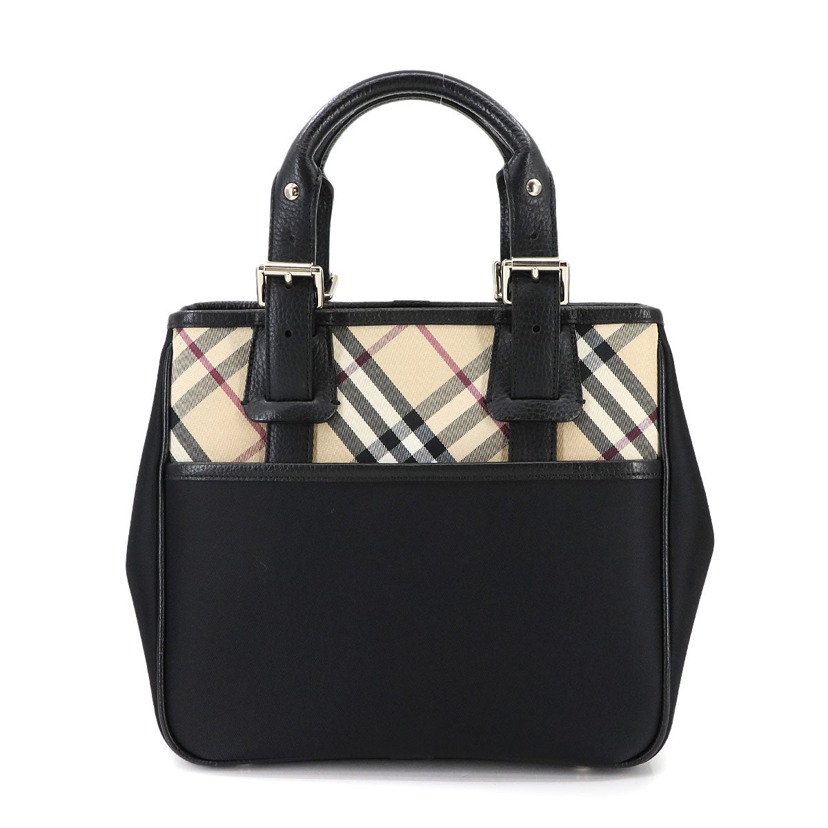 Plaid Hand Bag Canvas Leather Black Beige Purse