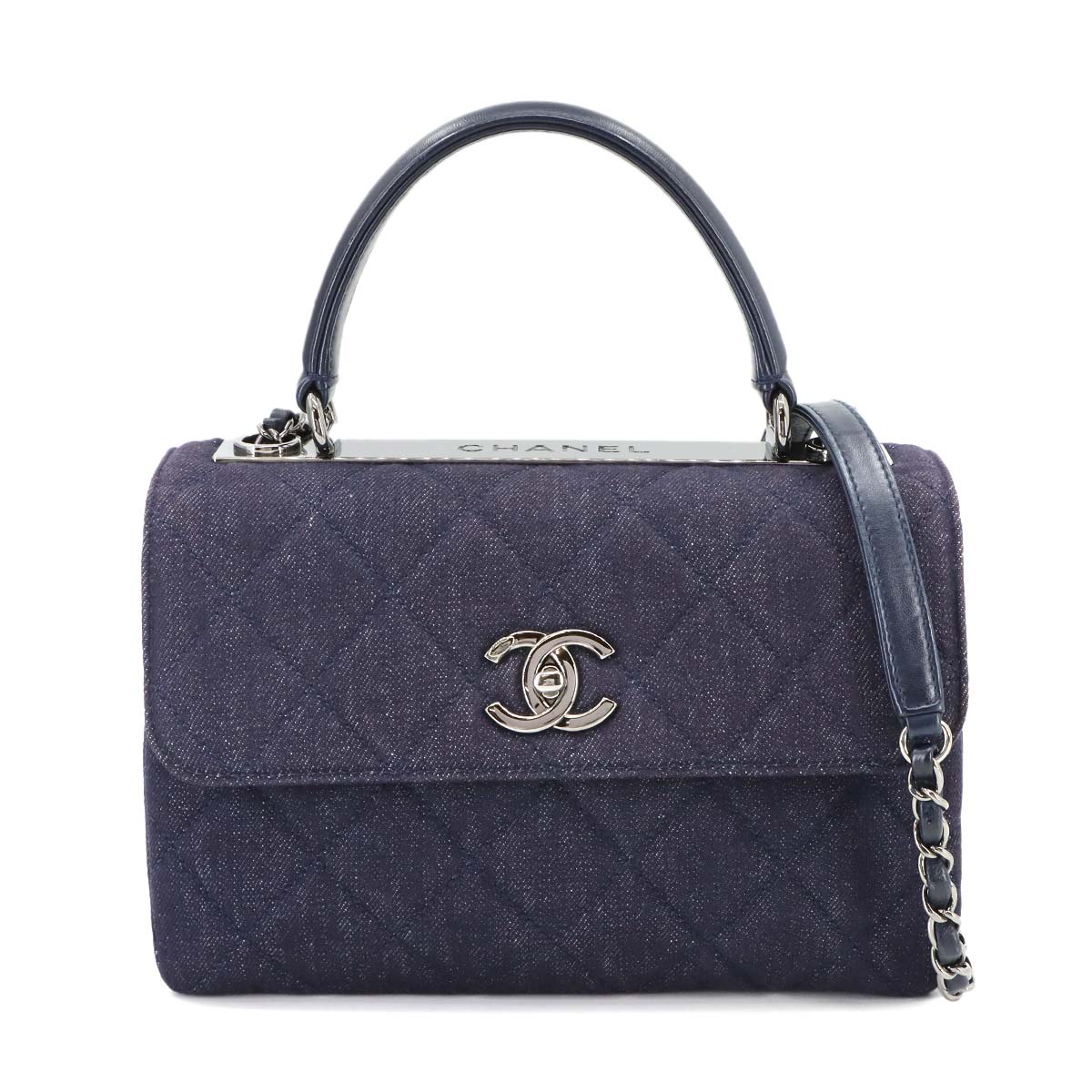 Trendy CC 2way Hand Chain Shouder Bag Denim Leather Navy A92236