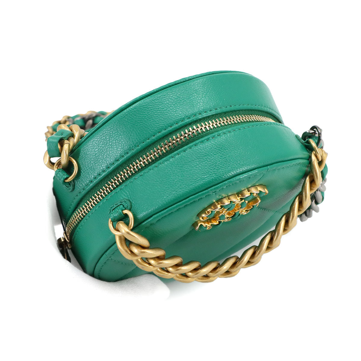 19 Round Clutch Chain Shoulder Bag Leather Green AP0945 Purse