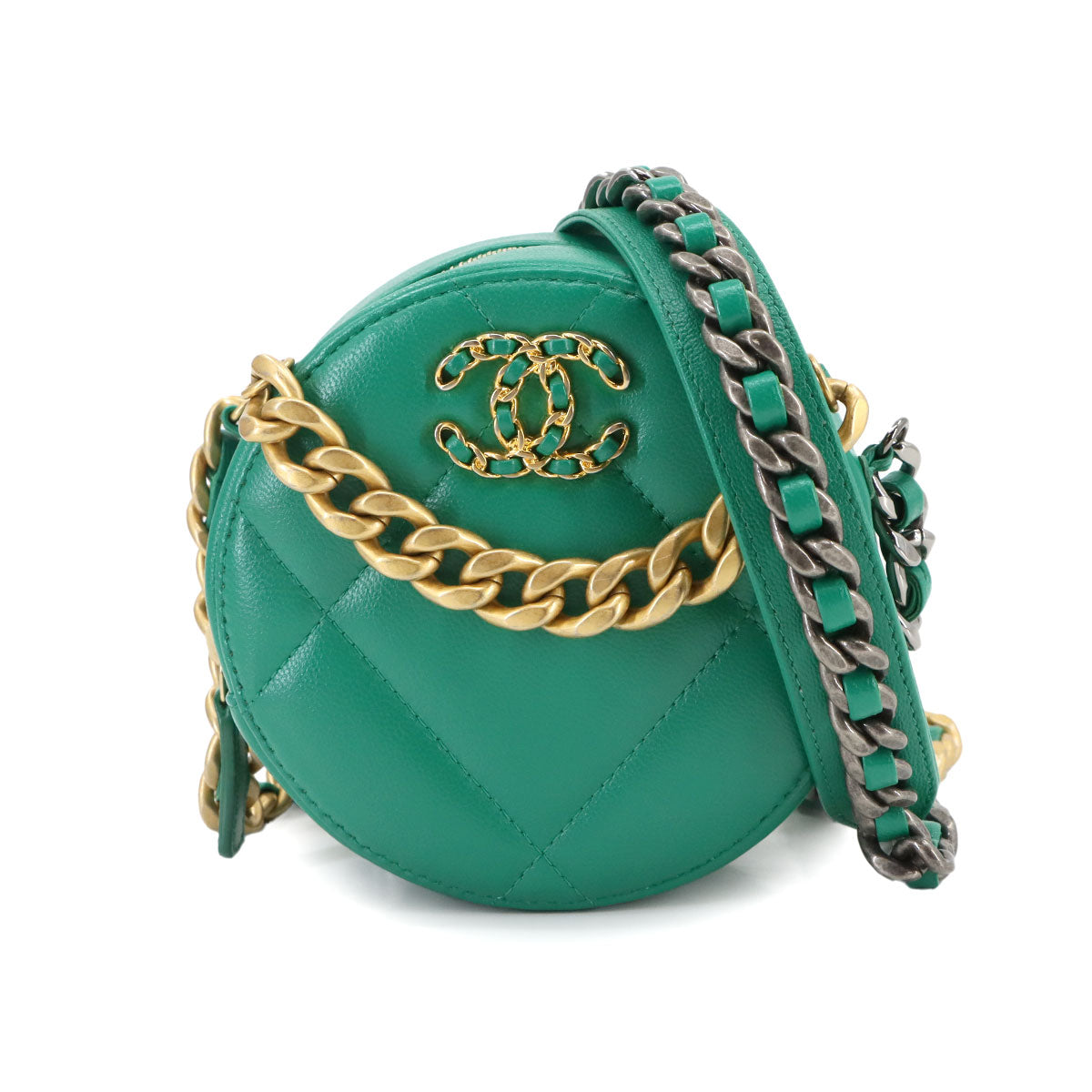 19 Round Clutch Chain Shoulder Bag Leather Green AP0945 Purse