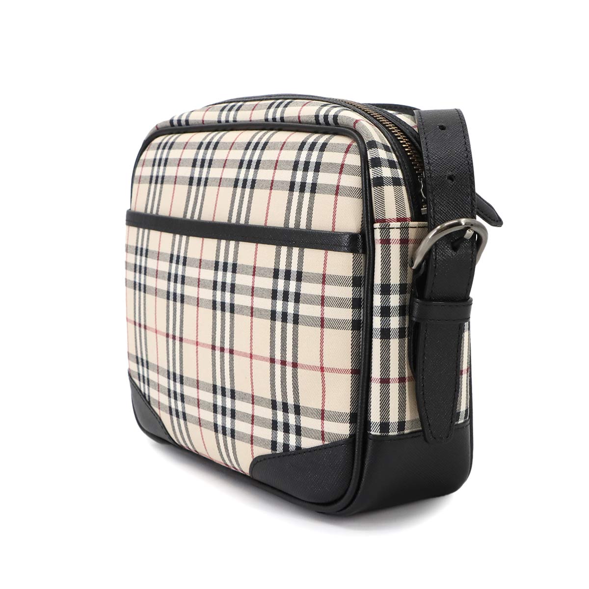 Plaid Shoulder Bag Canvas Leather Beige Black Purse