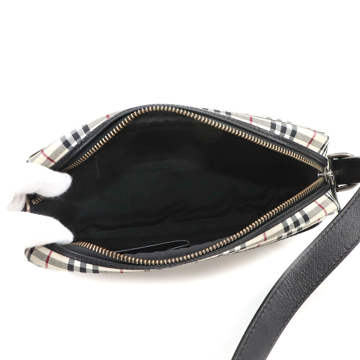 Plaid Shoulder Bag Canvas Leather Beige Black Purse