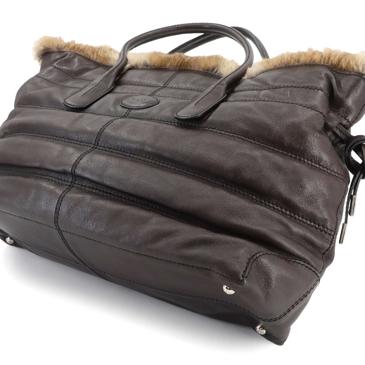 Fur Tote Bag Leather Brown Purse