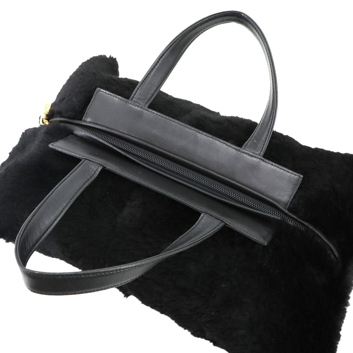 LOEWE Fur Hand Bag Leather Black Purse