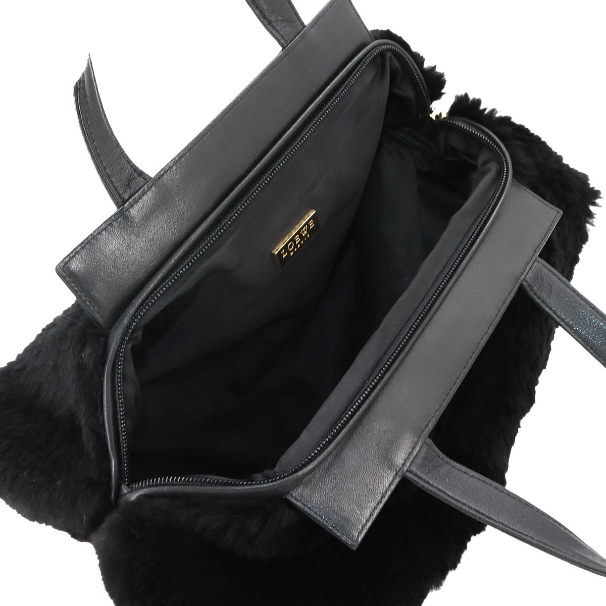 LOEWE Fur Hand Bag Leather Black Purse