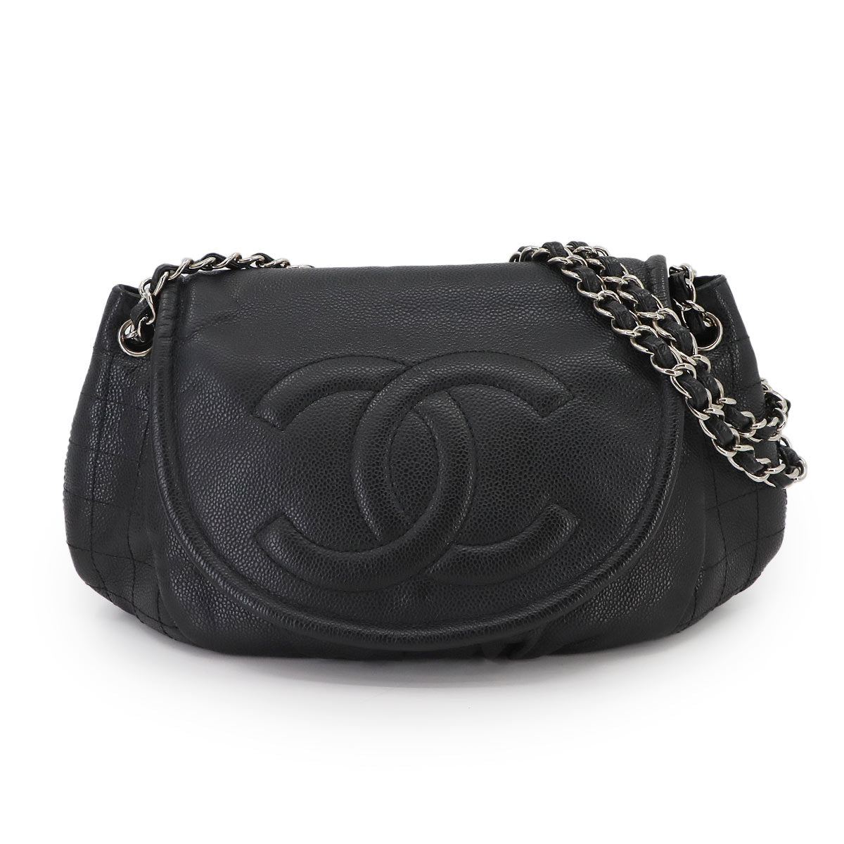 Half Moon Chain Shoulder Bag Leather Black Purse