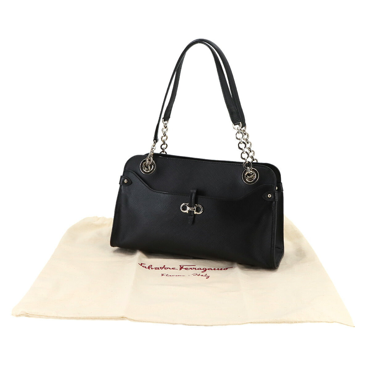 Gancini Chain Shoulder Bag Leather Black 21D136