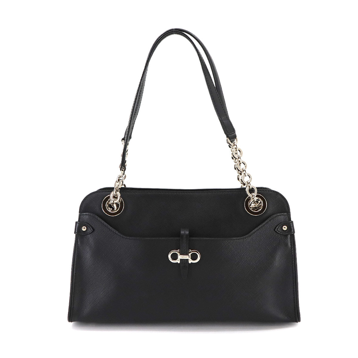 Gancini Chain Shoulder Bag Leather Black 21D136