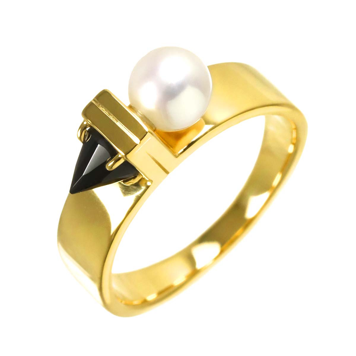 Akoya Pearl 5.5mm Onyx Ring 18K YG 750 Size6(US)