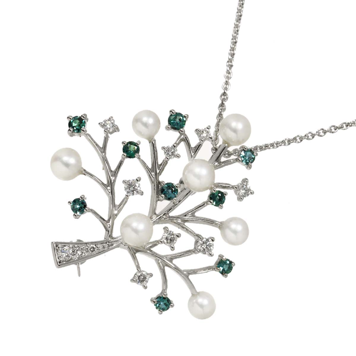 Akoya Pearl Diamond Alexandrite Necklace Brooch 18K WG 750