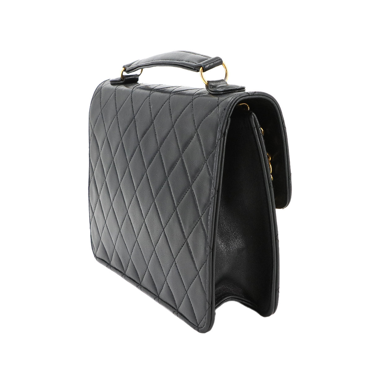 Double Lock Matelasse Hand Chain Shoulder Bag Leather Black