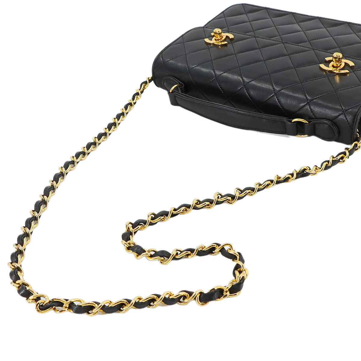 Double Lock Matelasse Hand Chain Shoulder Bag Leather Black