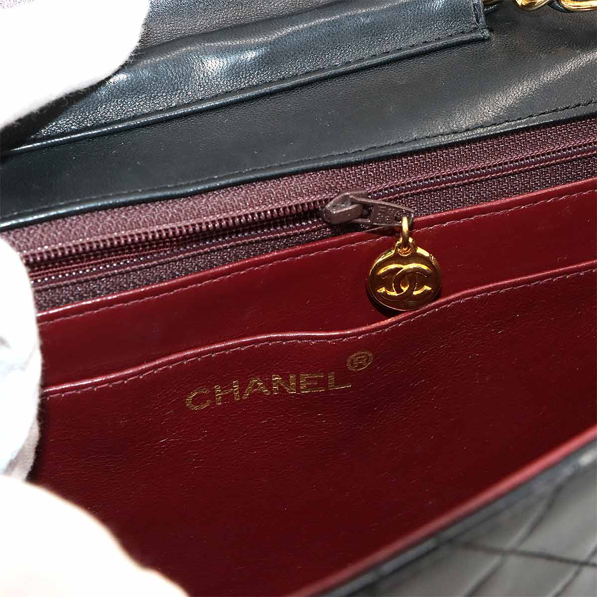 Double Lock Matelasse Hand Chain Shoulder Bag Leather Black