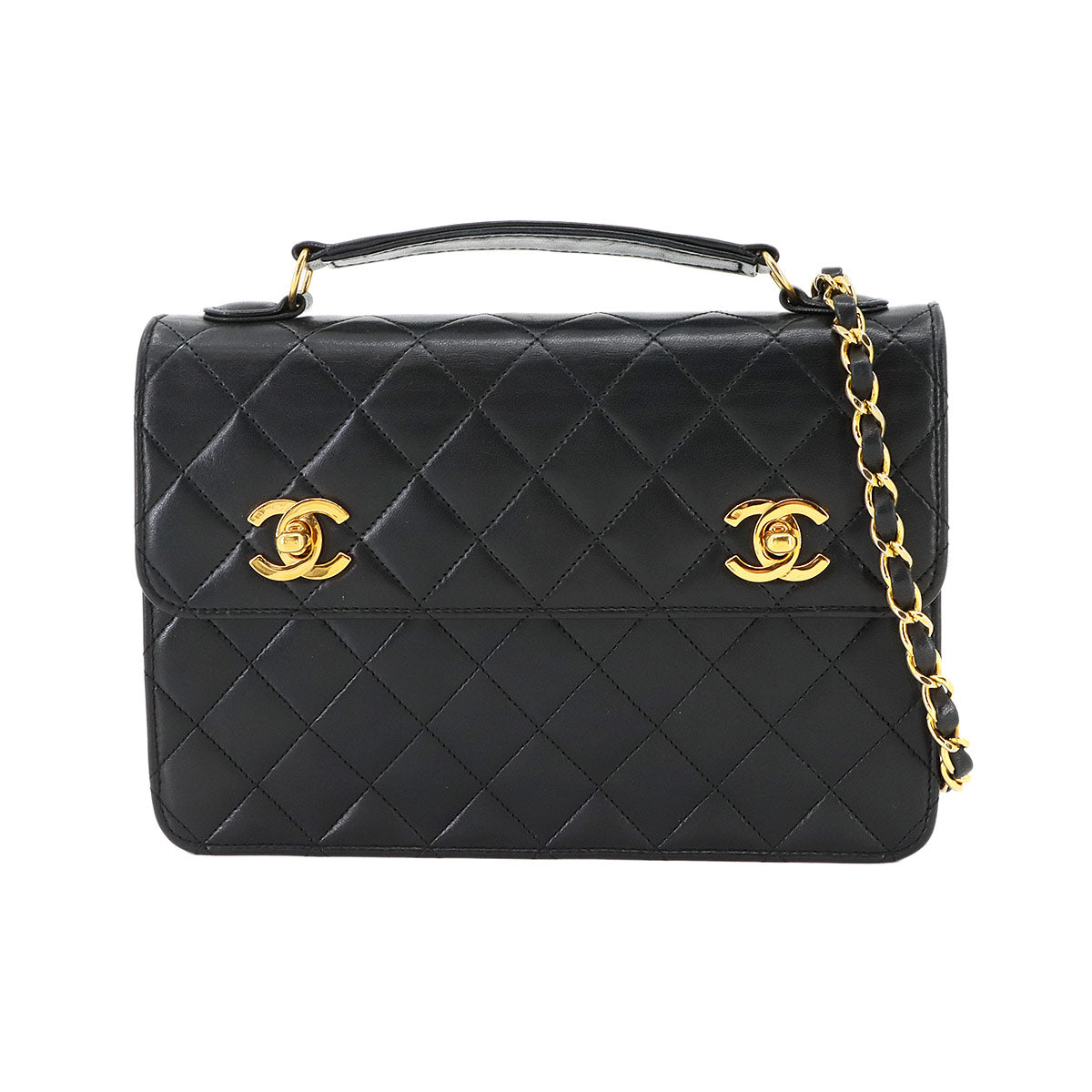 Double Lock Matelasse Hand Chain Shoulder Bag Leather Black