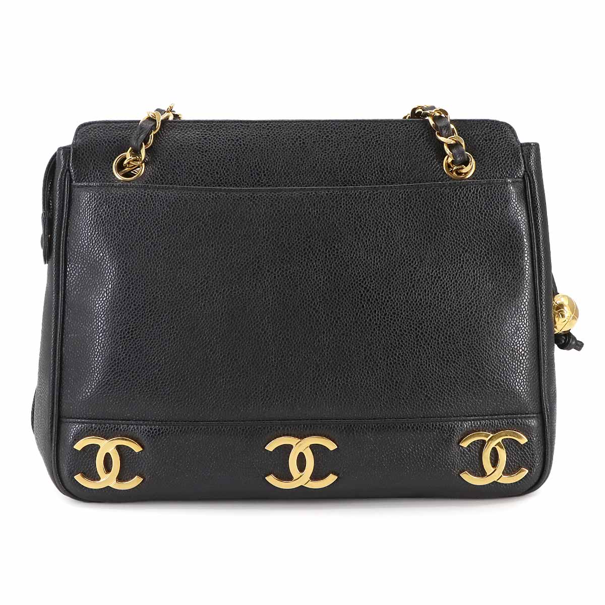 Triple Coco Tote Bag Leather Black Vintage A03675