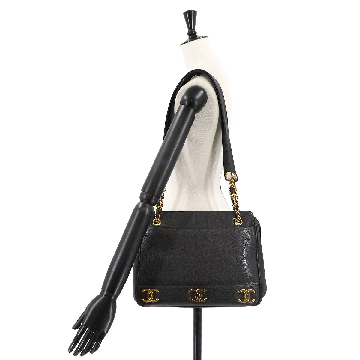 Triple Coco Tote Bag Leather Black Vintage A03675