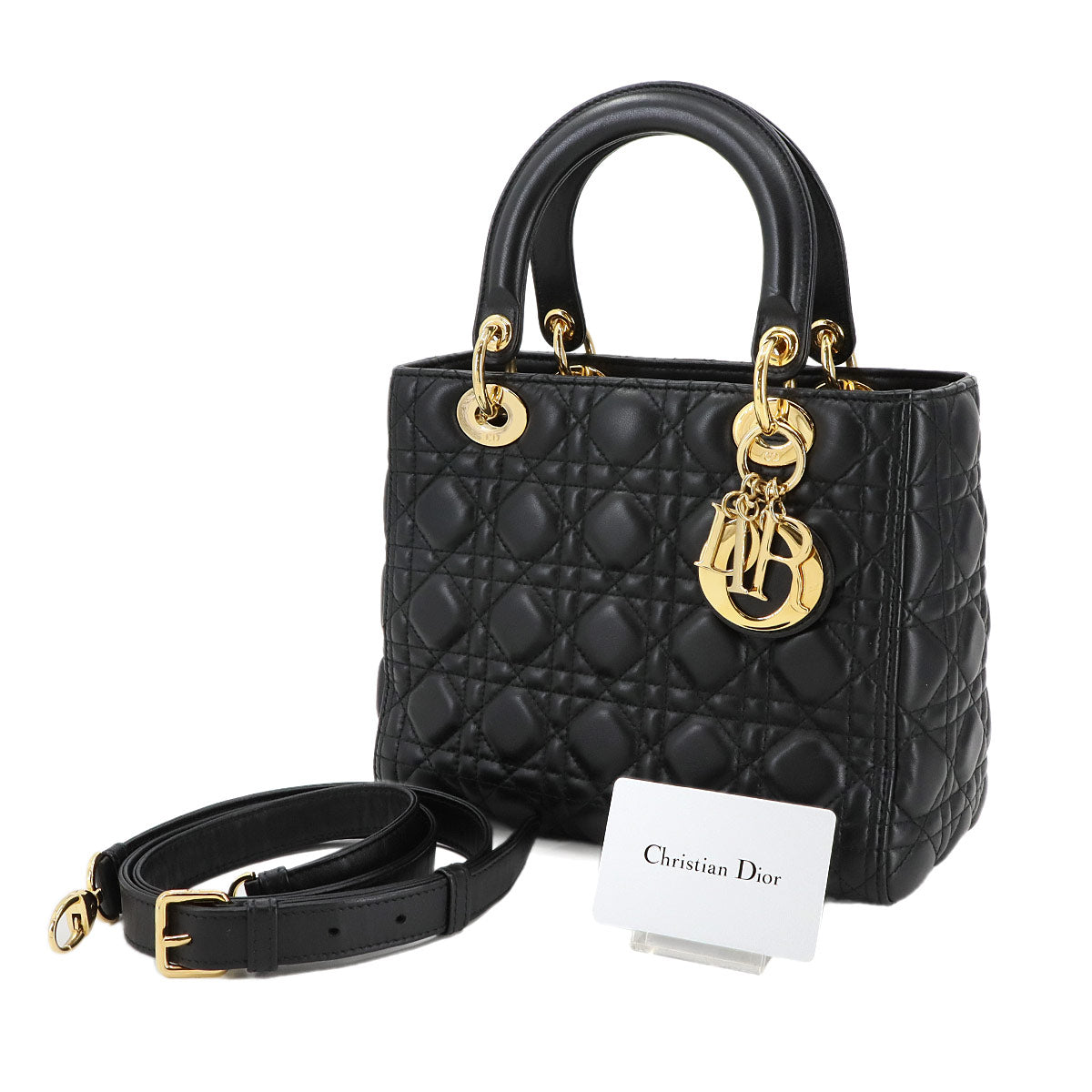 Lady Dior Medium Hand Shoulder Bag Leather Black Purse