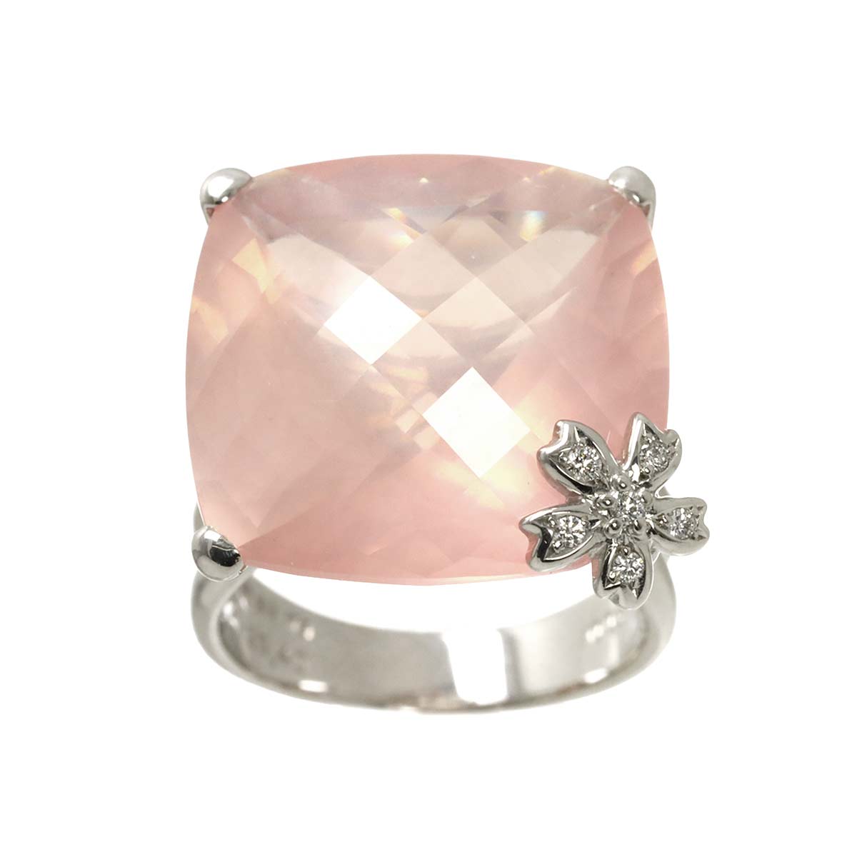 TASAKI Rose quartz 25.40ct Diamond 0.05ct Ring 18K WG 750 size7.5(US)