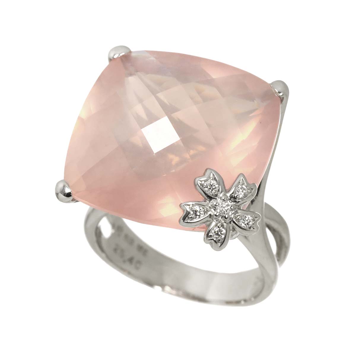 TASAKI Rose quartz 25.40ct Diamond 0.05ct Ring 18K WG 750 size7.5(US)