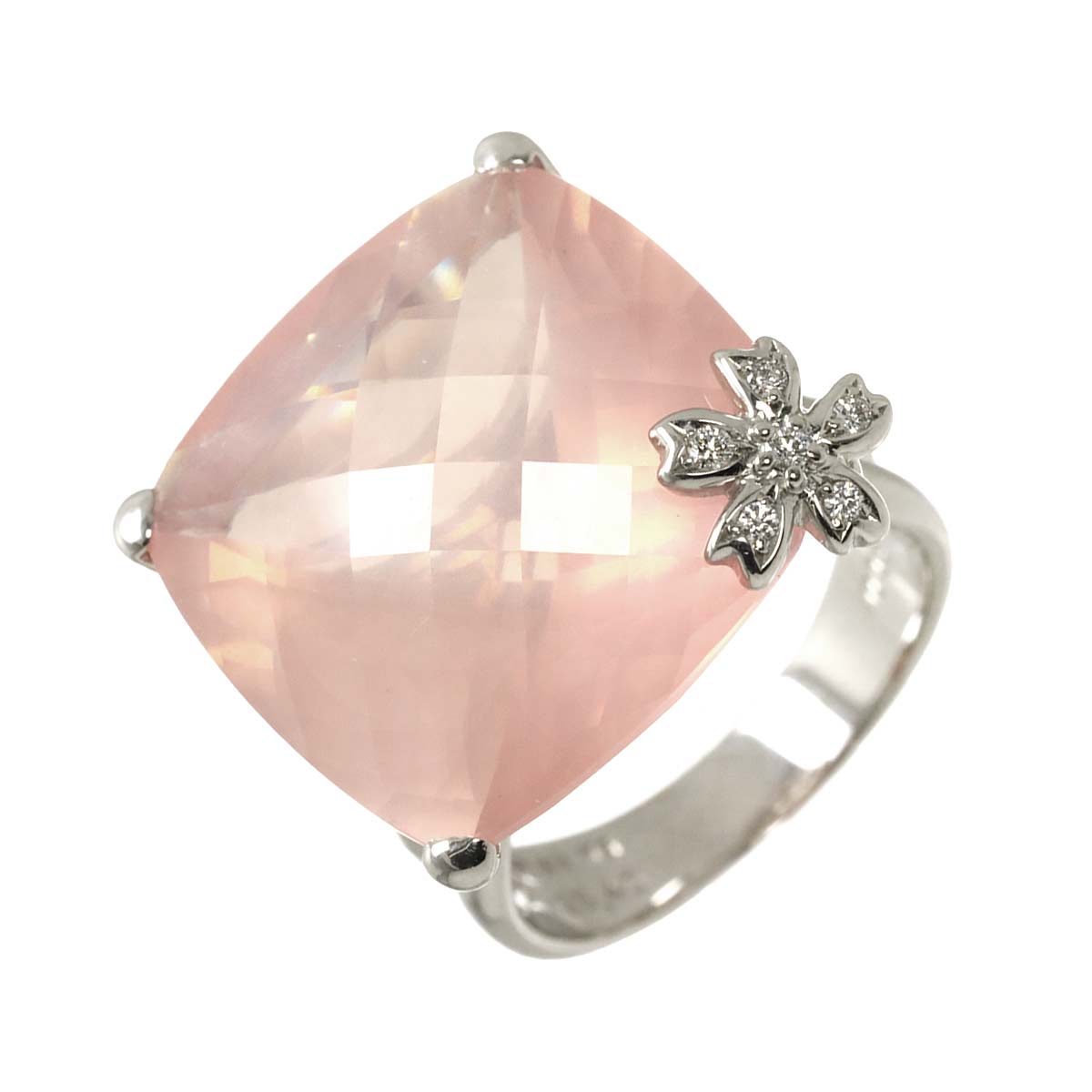 TASAKI Rose quartz 25.40ct Diamond 0.05ct Ring 18K WG 750 size7.5(US)