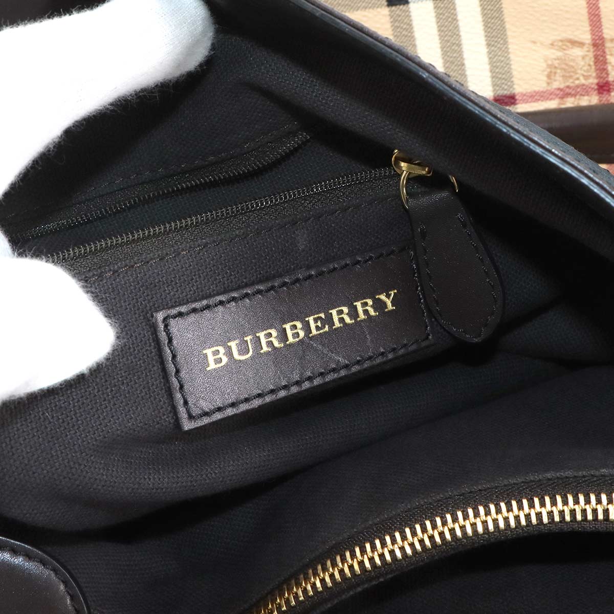 Plaid Hand Bag PVC Leather Beige Black Purse