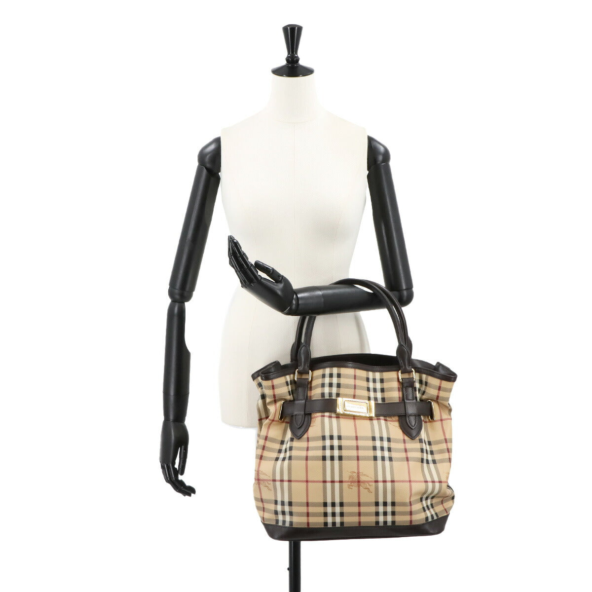 Plaid Hand Bag PVC Leather Beige Black Purse