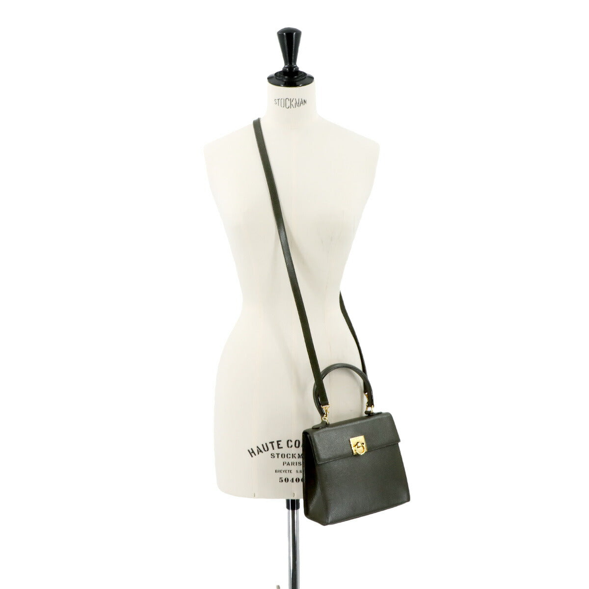 Gancini 2way Hand Shoulder Bag Leather Khaki Vintage