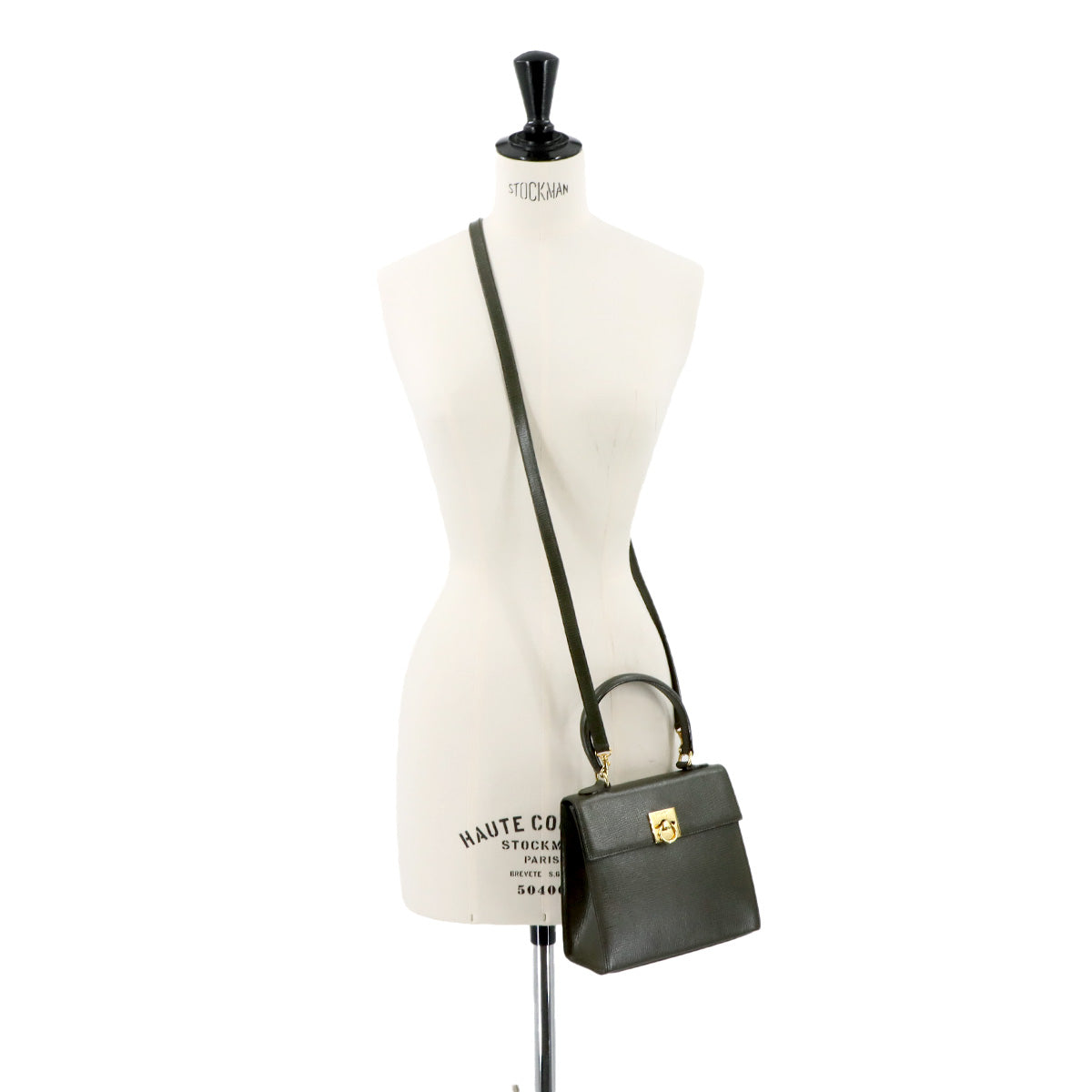 Gancini 2way Hand Shoulder Bag Leather Khaki Vintage