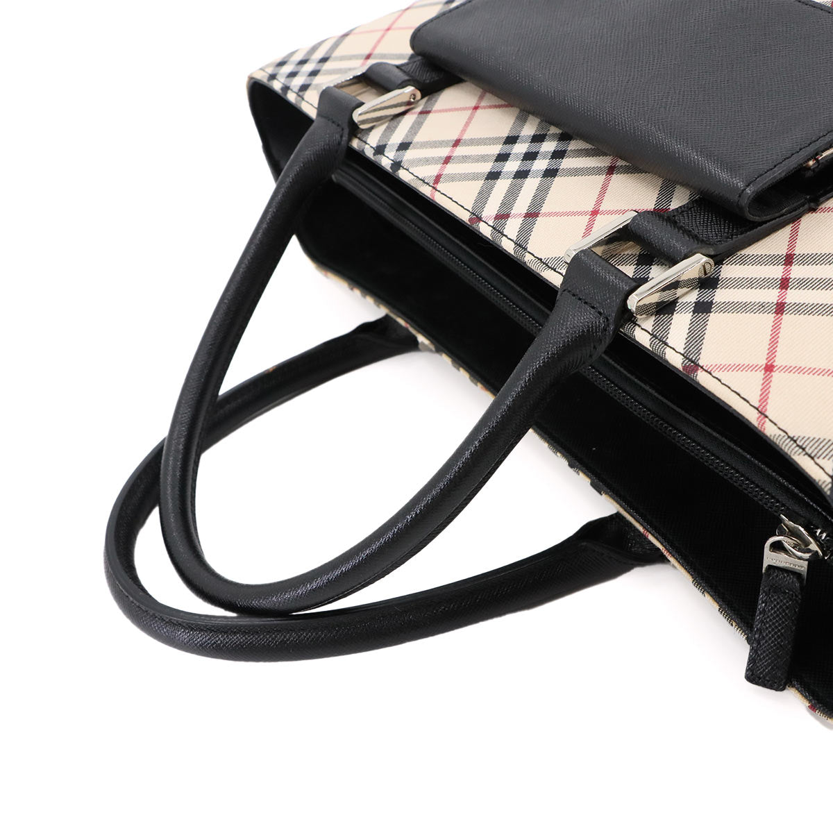 Plaid Hand Bag Canvas Leather Beige Black Purse