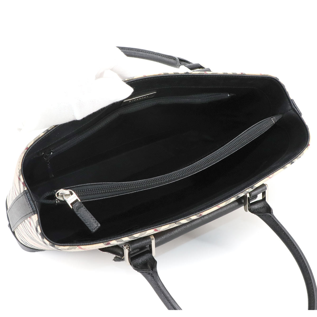 Plaid Hand Bag Canvas Leather Beige Black Purse