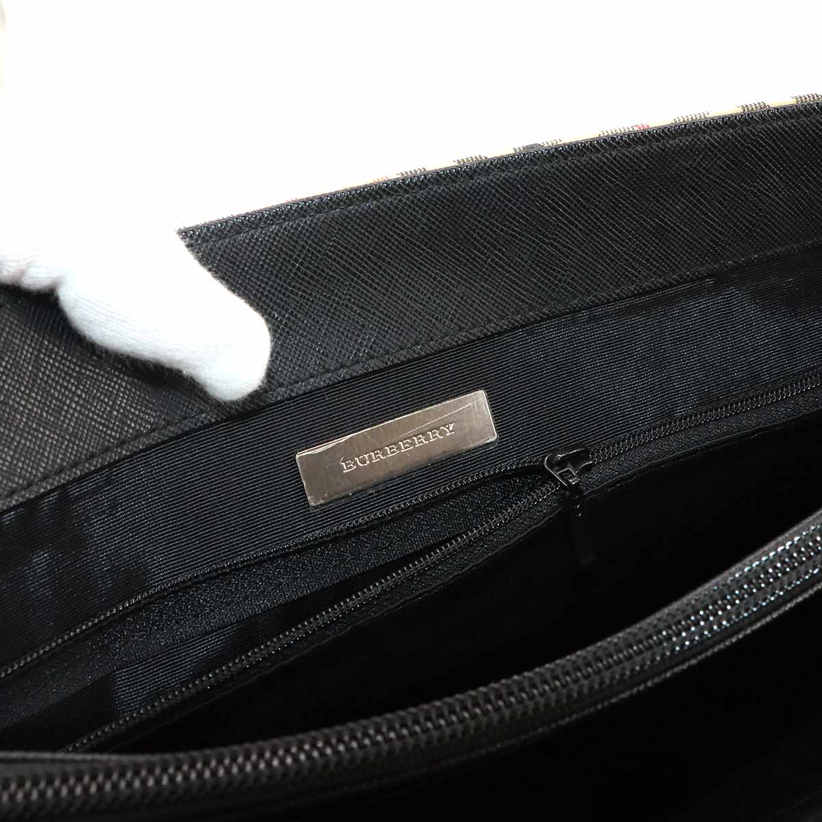 Plaid Hand Bag Canvas Leather Beige Black Purse