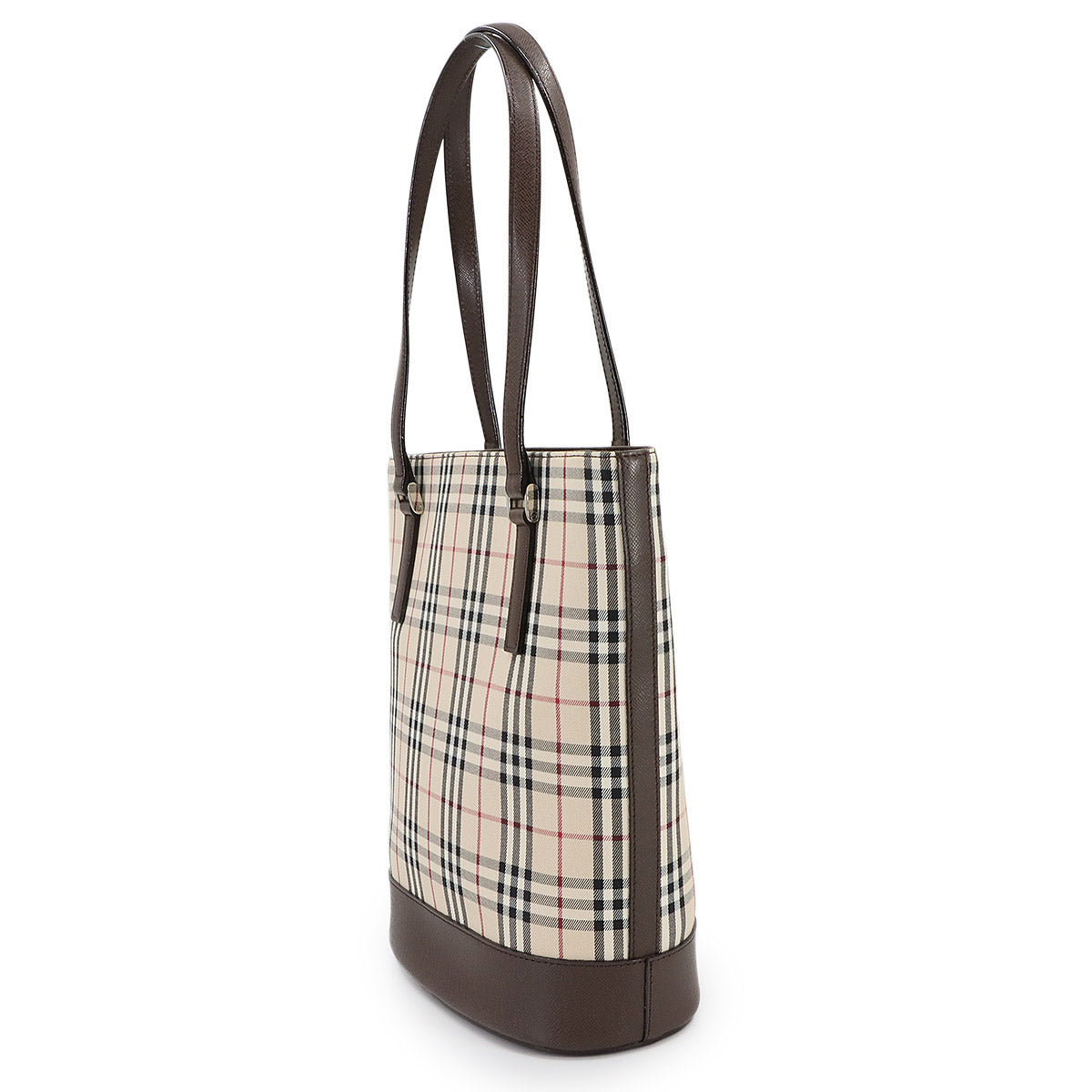 Plaid Tote Bag Canvas Leather Beige Brown Purse