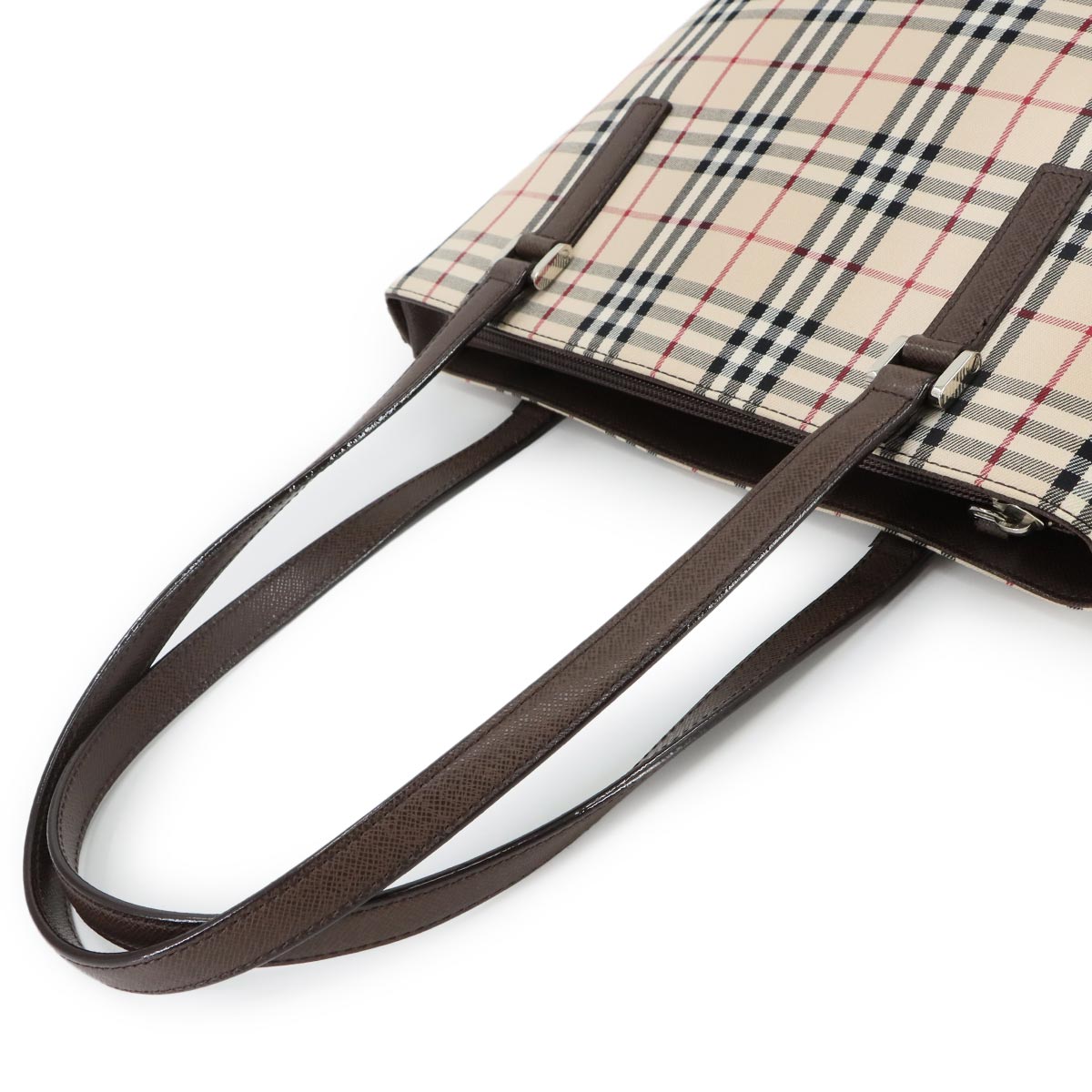 Plaid Tote Bag Canvas Leather Beige Brown Purse