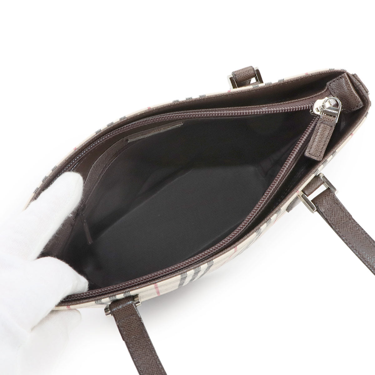 Plaid Tote Bag Canvas Leather Beige Brown Purse