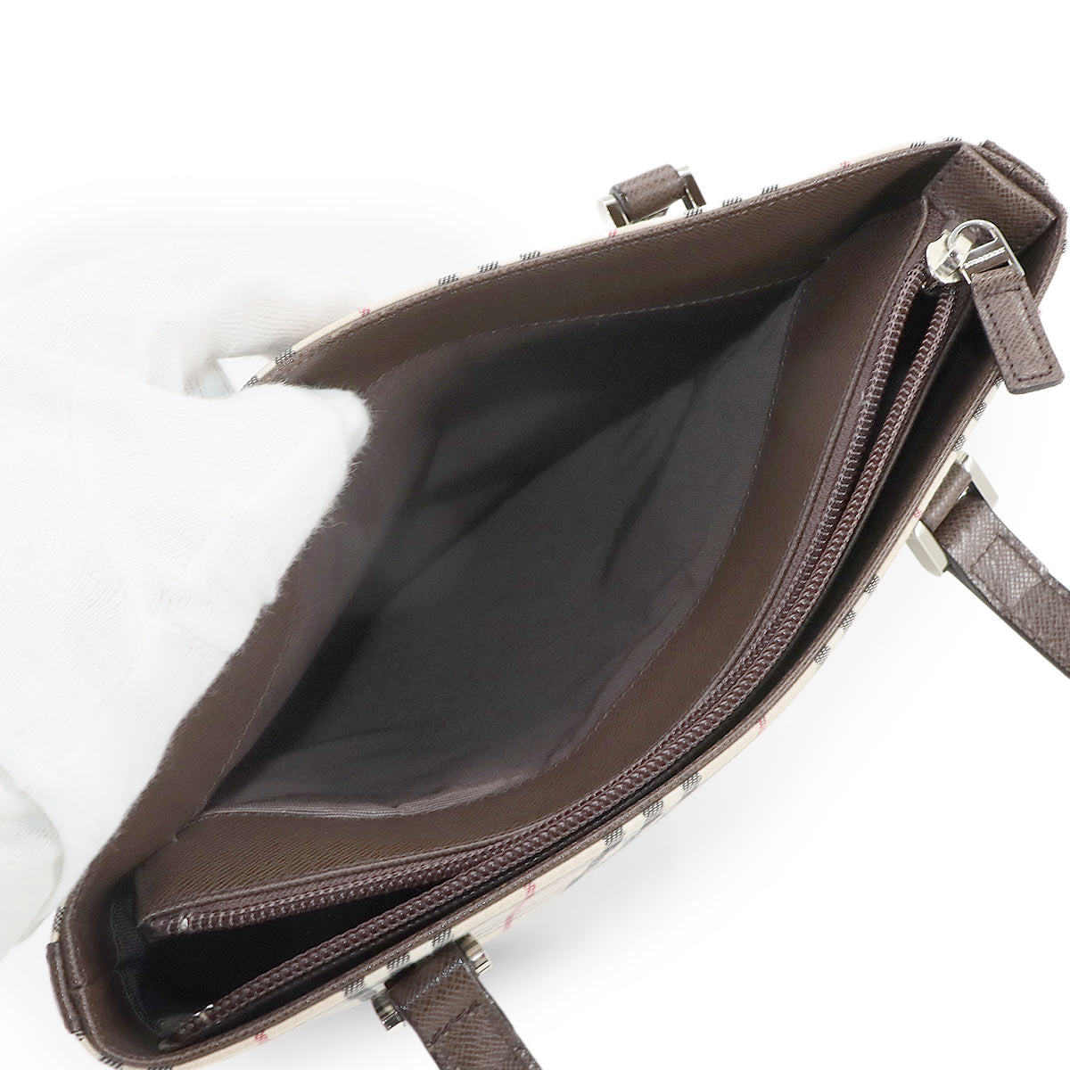 Plaid Tote Bag Canvas Leather Beige Brown Purse