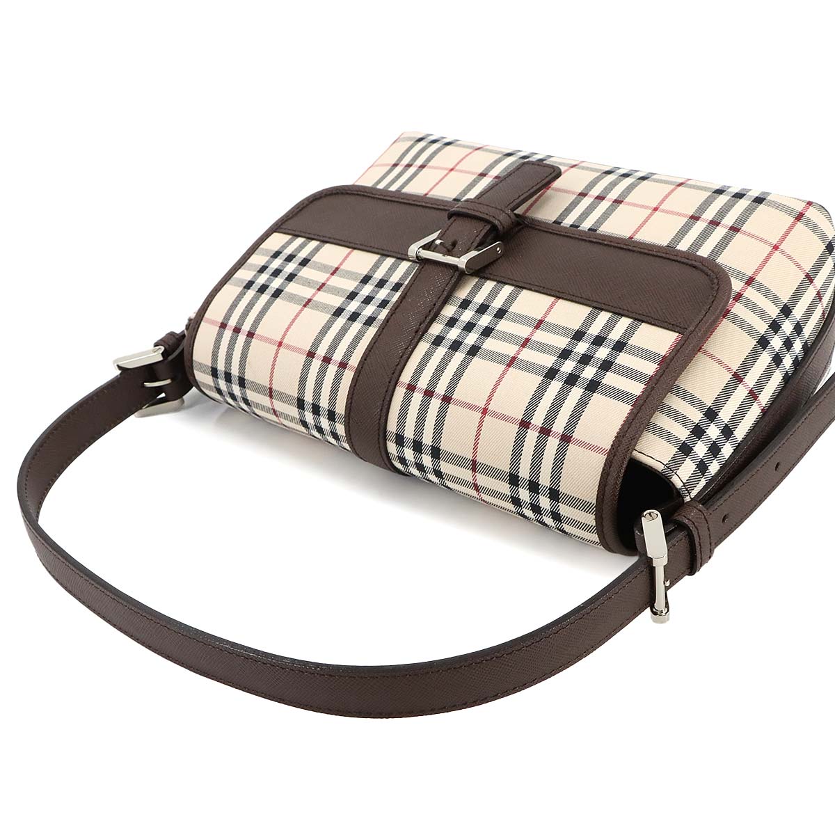Plaid Shoulder Bag Canvas Leather Beige Brown Purse