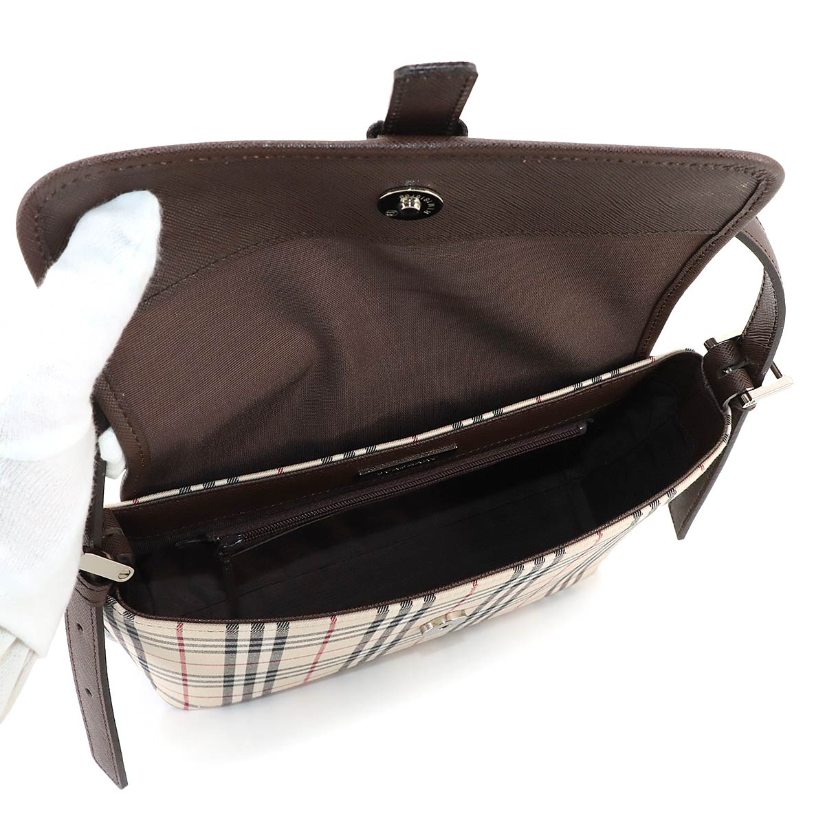 Plaid Shoulder Bag Canvas Leather Beige Brown Purse