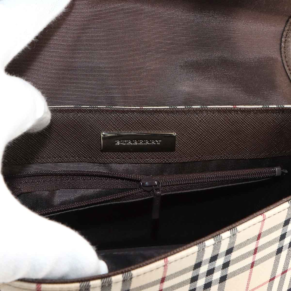 Plaid Shoulder Bag Canvas Leather Beige Brown Purse