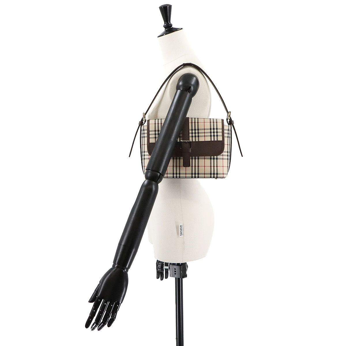 Plaid Shoulder Bag Canvas Leather Beige Brown Purse