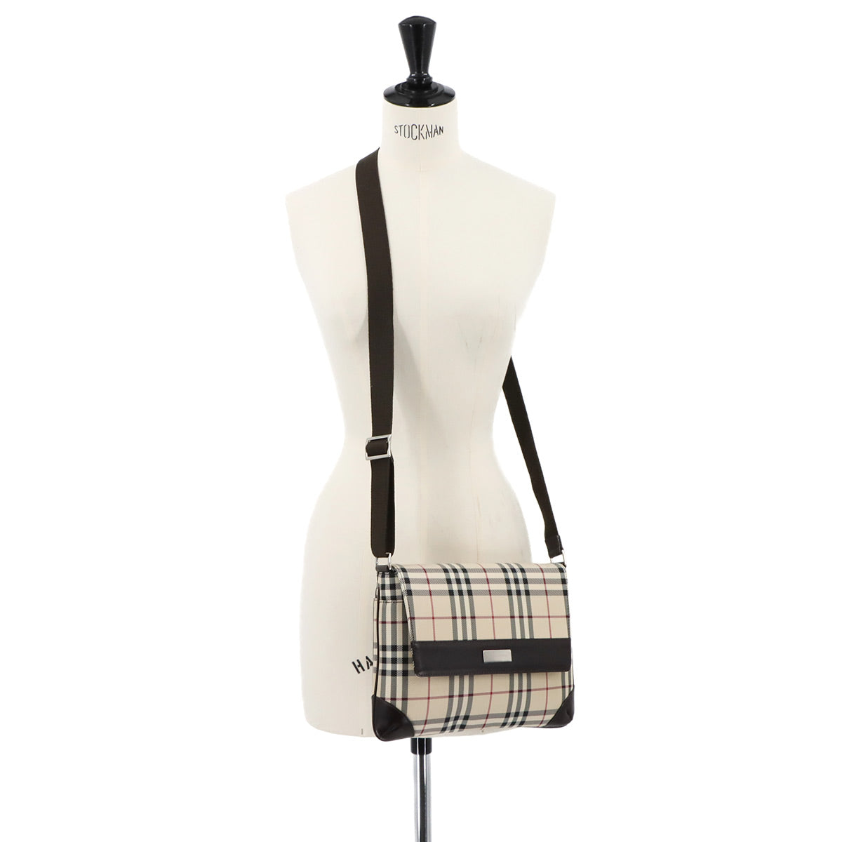 Plaid Shoulder Bag Canvas Leather Beige Brown Purse