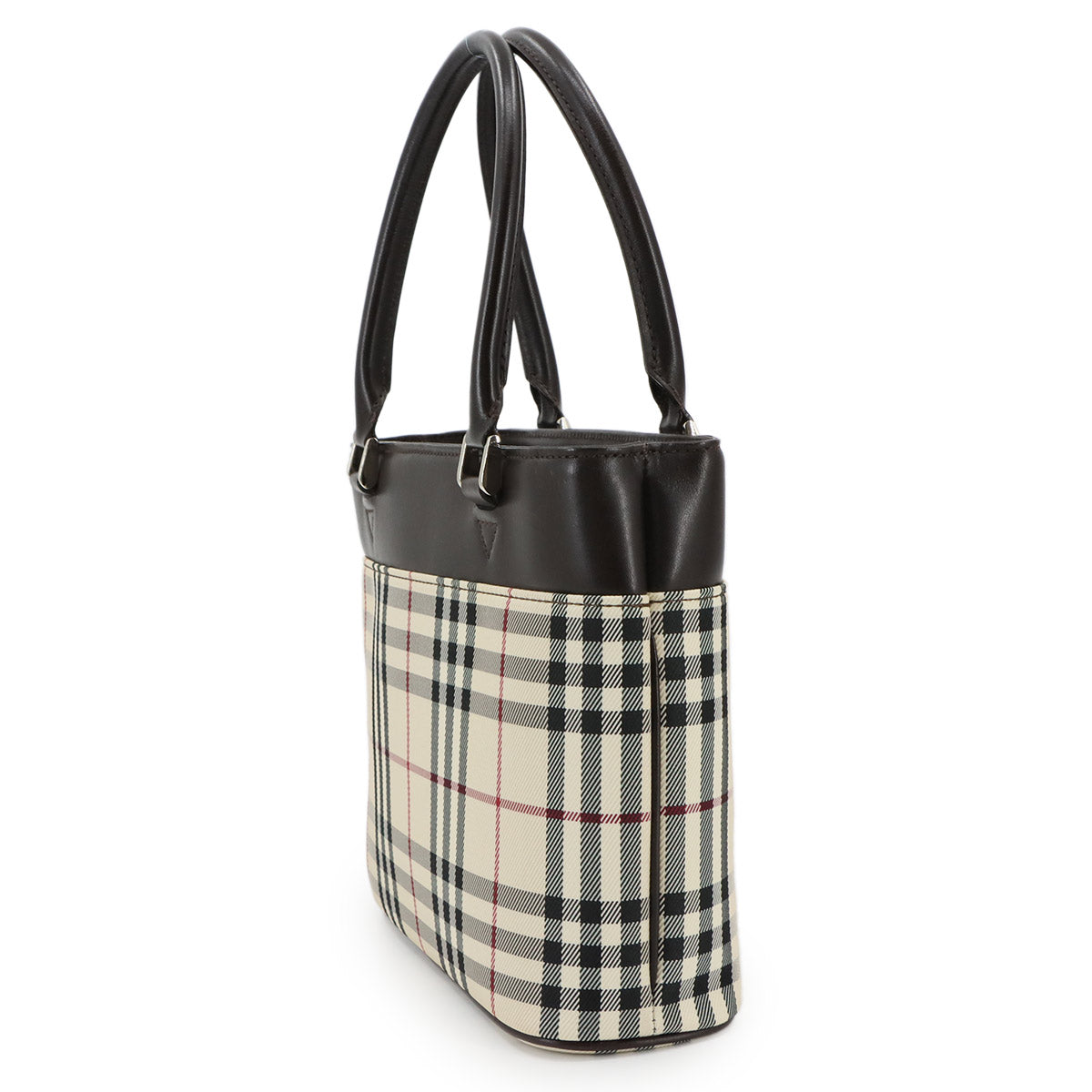 Plaid Hand Bag Canvas Leather Beige Brown Purse